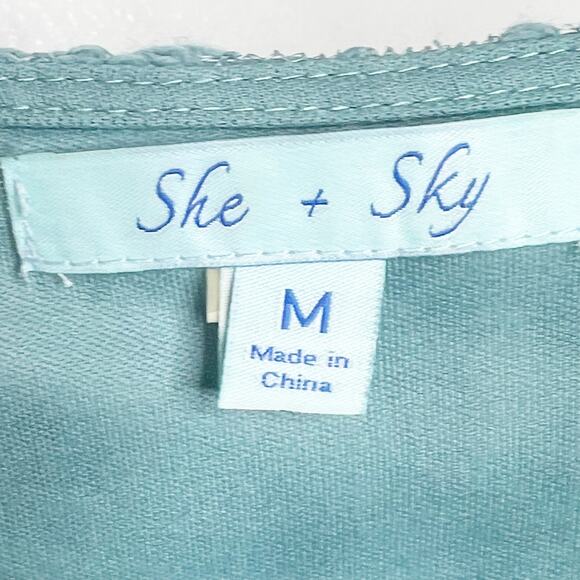 SHE & SKY Lace Mini Dress V-Neck Button Front Cap Sleeve Teal Blue Size Medium - Picture 7 of 10